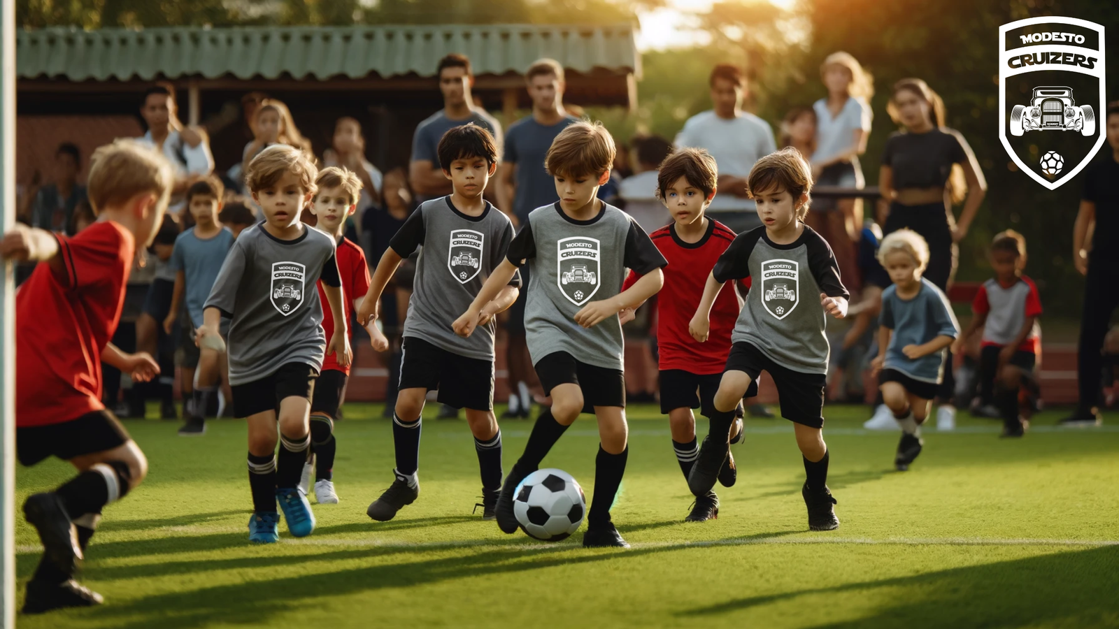 Picture of kids playing soccer with parents in the background.