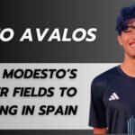 Leo Avalos, a young soccer player from Modesto, smiling confidently in a black jersey with the Modesto Cruizers logo and text reading 'From Modesto's Soccer Fields to Training in Spain.