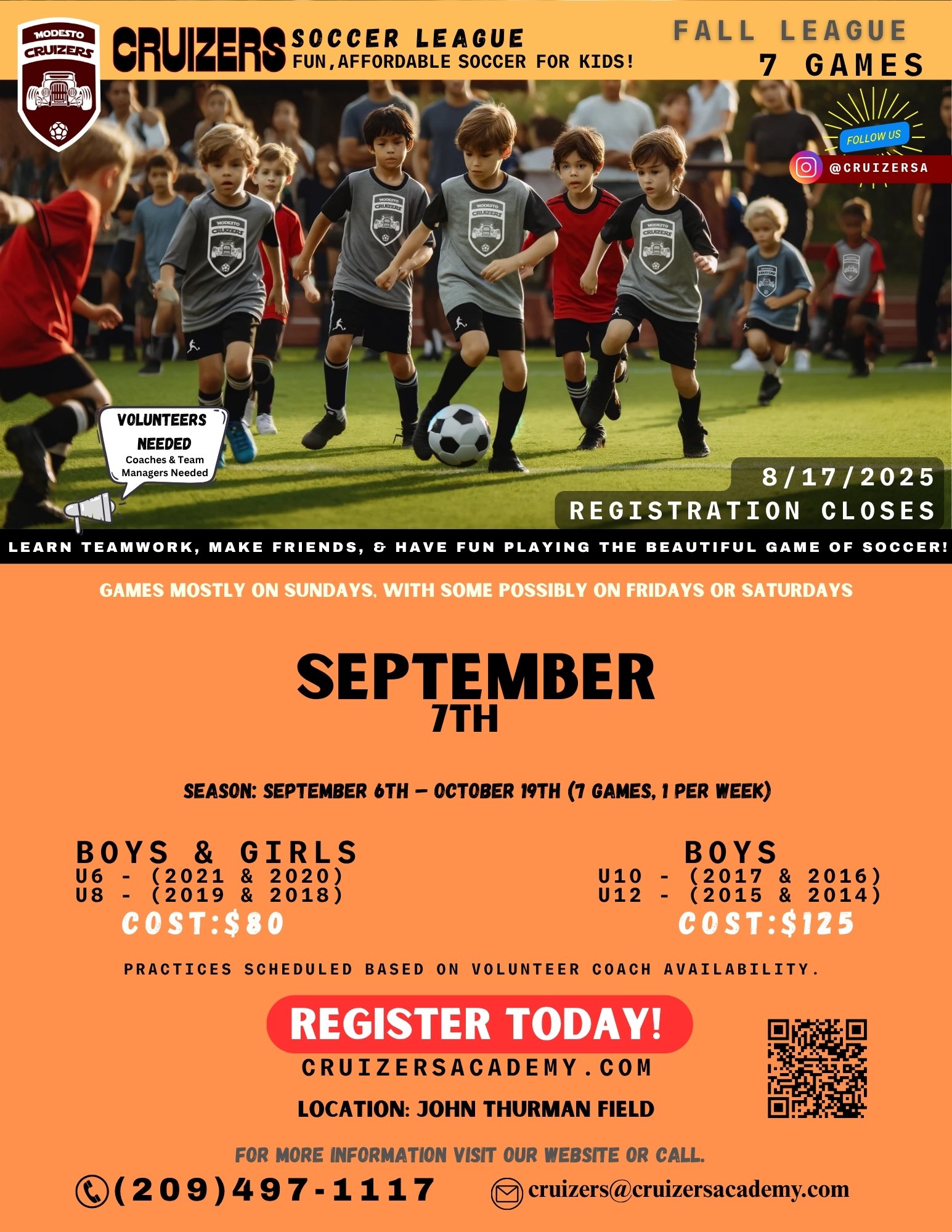Flyer of the CSL Fall League. A picture of kids playing soccer